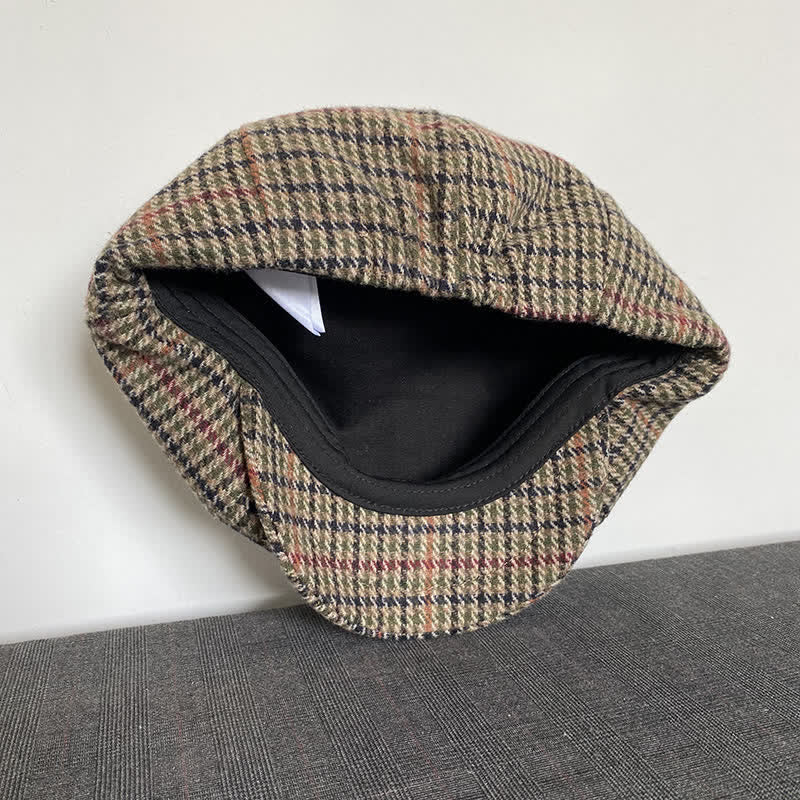Boina de repartidor de periódicos de tweed a cuadros escoceses en color beige