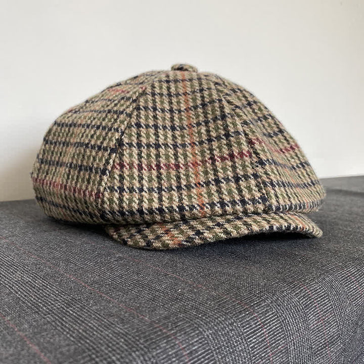 Boina de repartidor de periódicos de tweed a cuadros escoceses en color beige