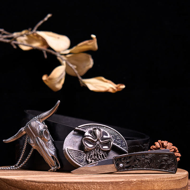 Conjunto de colgante de toro de cuernos largos con hebilla de cuchillo oculto de Western Gadget DIY