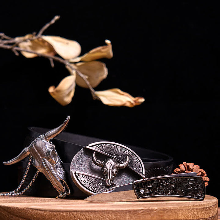 Conjunto de colgante de toro de cuernos largos con hebilla de cuchillo oculto de Western Gadget DIY