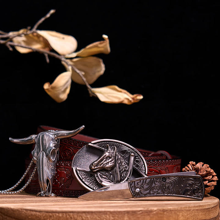 Conjunto de colgante de toro de cuernos largos con hebilla de cuchillo oculto de Western Gadget DIY