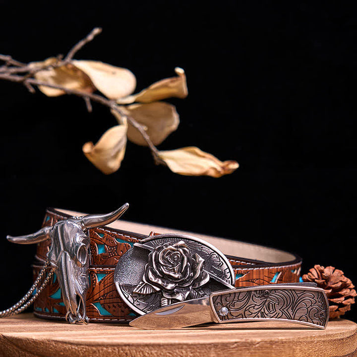 Conjunto de colgante de toro de cuernos largos con hebilla de cuchillo oculto de Western Gadget DIY