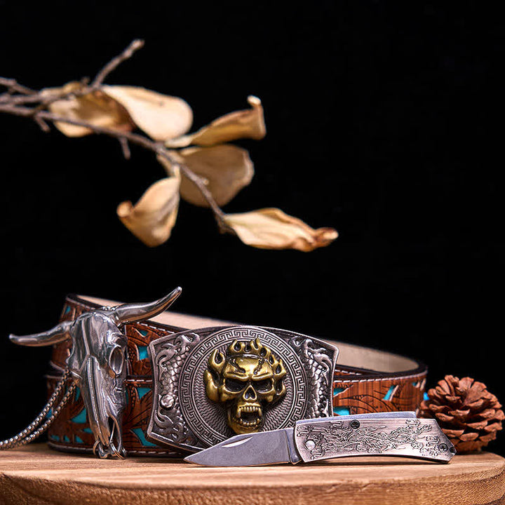 Conjunto de colgante de toro de cuernos largos con hebilla de cuchillo oculto de Western Gadget DIY