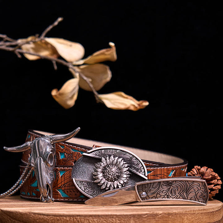 Conjunto de colgante de toro de cuernos largos con hebilla de cuchillo oculto de Western Gadget DIY