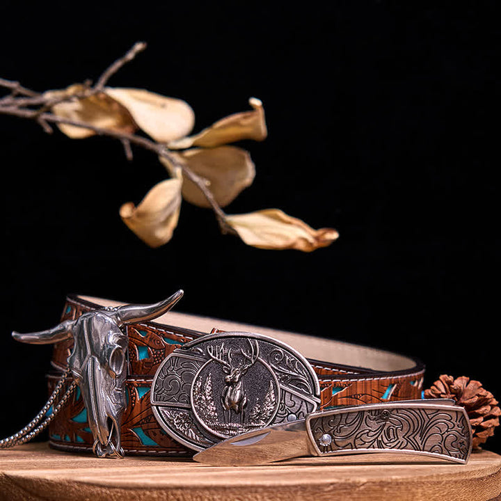 Conjunto de colgante de toro de cuernos largos con hebilla de cuchillo oculto de Western Gadget DIY