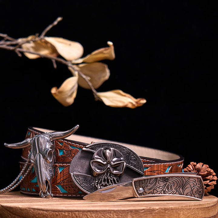 Conjunto de colgante de toro de cuernos largos con hebilla de cuchillo oculto de Western Gadget DIY