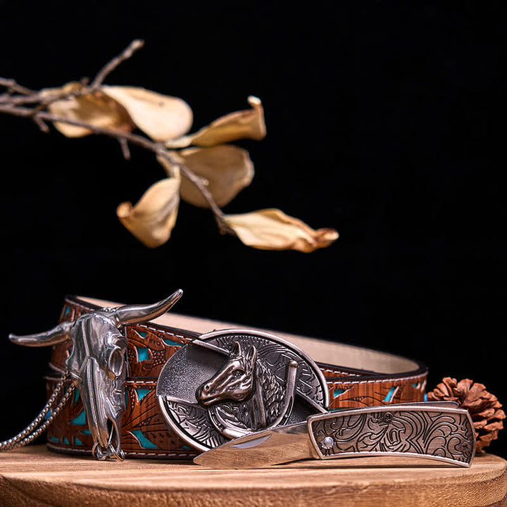 Conjunto de colgante de toro de cuernos largos con hebilla de cuchillo oculto de Western Gadget DIY