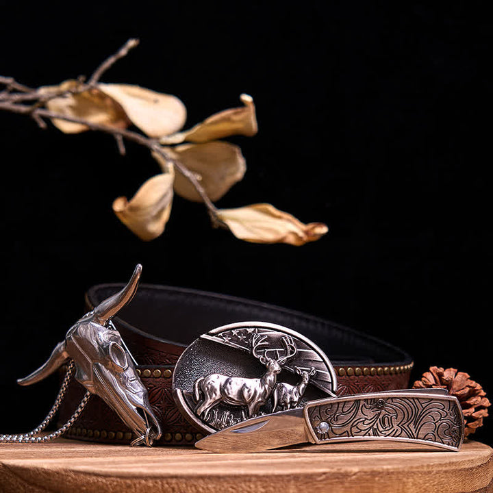 Conjunto de colgante de toro de cuernos largos con hebilla de cuchillo oculto de Western Gadget DIY