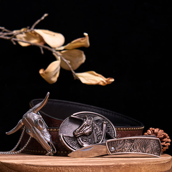 Conjunto de colgante de toro de cuernos largos con hebilla de cuchillo oculto de Western Gadget DIY