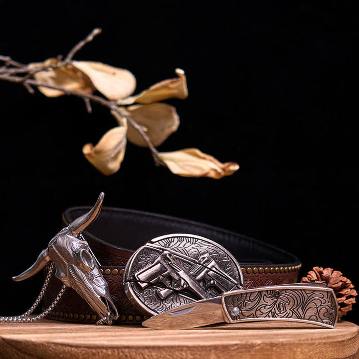 Conjunto de colgante de toro de cuernos largos con hebilla de cuchillo oculto de Western Gadget DIY