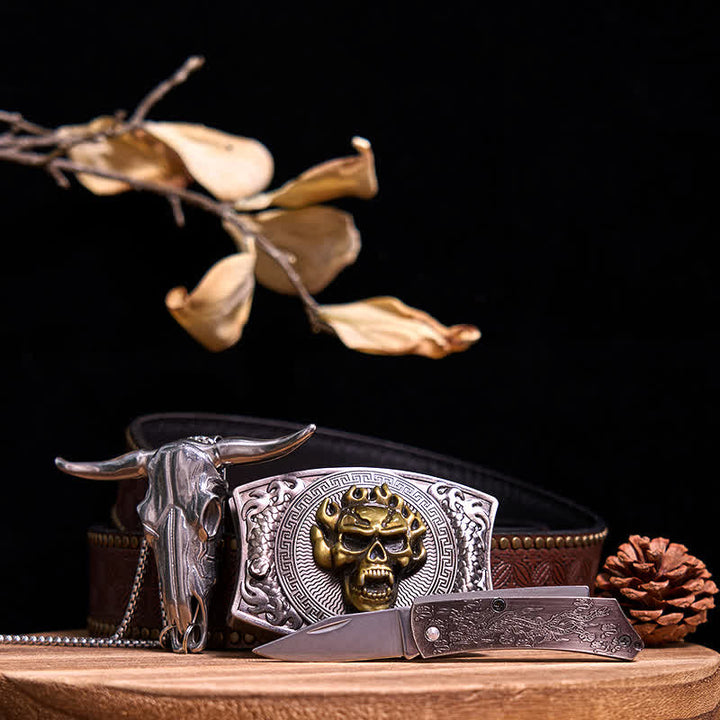 Conjunto de colgante de toro de cuernos largos con hebilla de cuchillo oculto de Western Gadget DIY