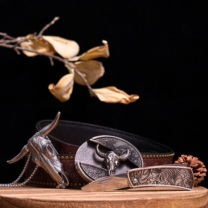 Conjunto de colgante de toro de cuernos largos con hebilla de cuchillo oculto de Western Gadget DIY