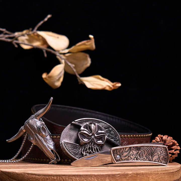 Conjunto de colgante de toro de cuernos largos con hebilla de cuchillo oculto de Western Gadget DIY