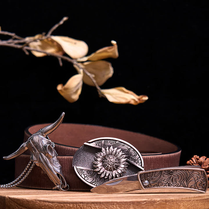 Conjunto de colgante de toro de cuernos largos con hebilla de cuchillo oculto de Western Gadget DIY