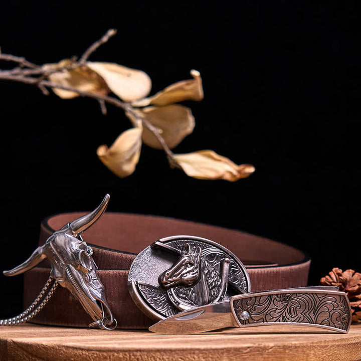 Conjunto de colgante de toro de cuernos largos con hebilla de cuchillo oculto de Western Gadget DIY