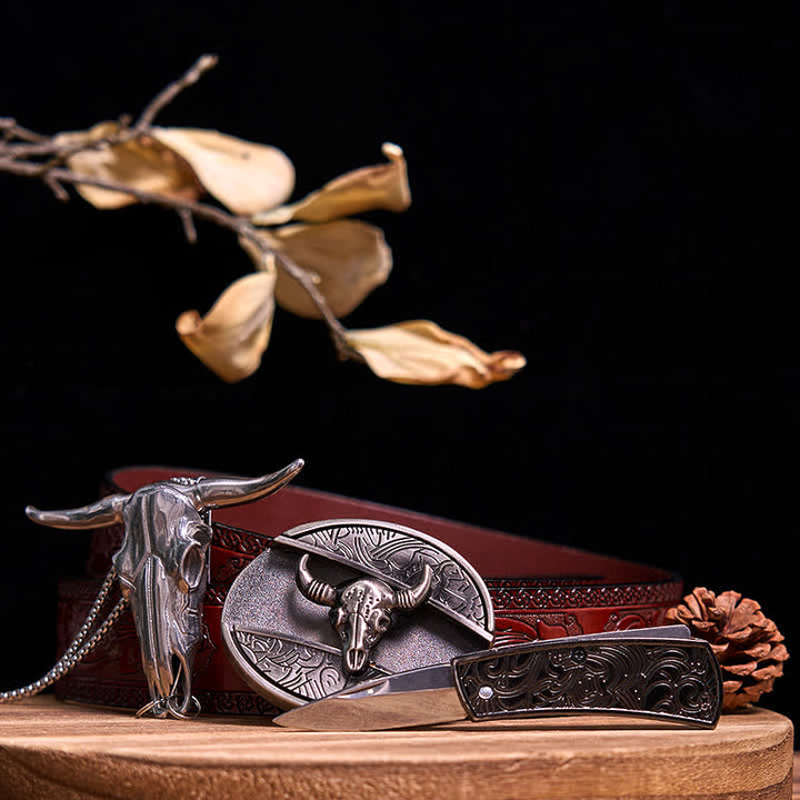 Conjunto de colgante de toro de cuernos largos con hebilla de cuchillo oculto de Western Gadget DIY