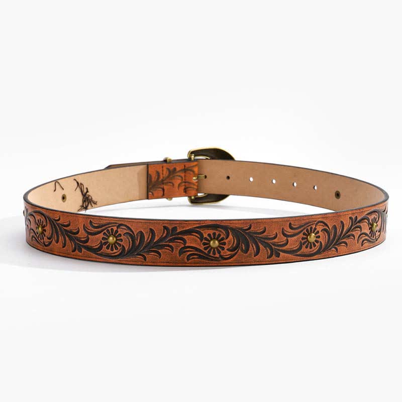 Cinturón de cuero con remaches de bronce y estampado floral de margaritas marrones