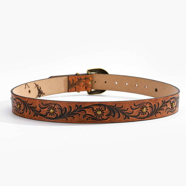 Cinturón de cuero con remaches de bronce y estampado floral de margaritas marrones
