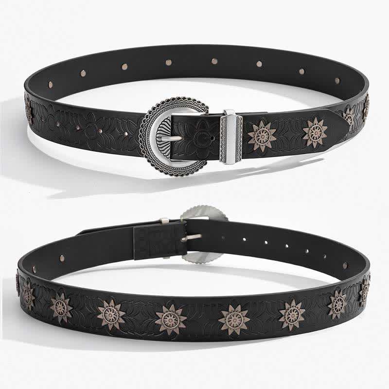 Cinturón de cuero con estampado floral retro con incrustaciones de remaches de estrella