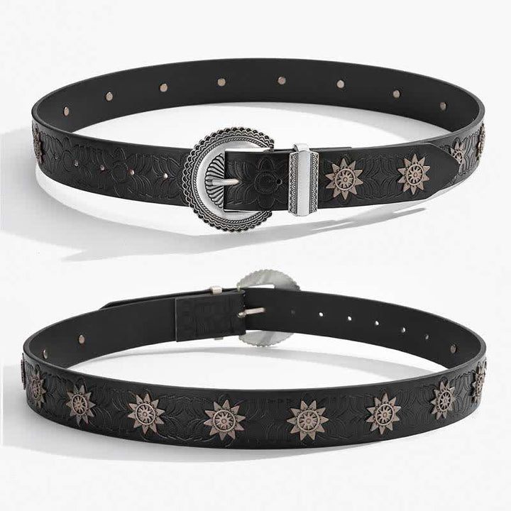 Cinturón de cuero con estampado floral retro con incrustaciones de remaches de estrella
