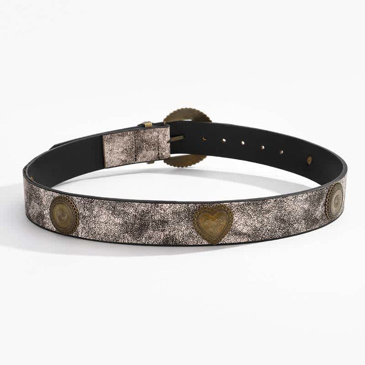 Cinturón de piel con estampado floral incrustado con remaches redondos y en forma de corazón