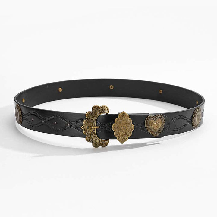 Cinturón de cuero negro con remaches redondos y corazón de bronce antiguo