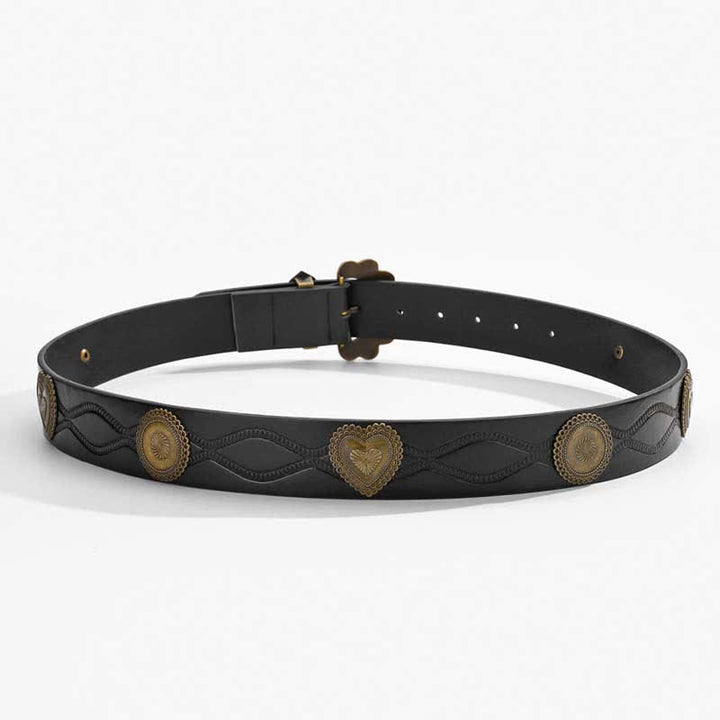 Cinturón de cuero negro con remaches redondos y corazón de bronce antiguo