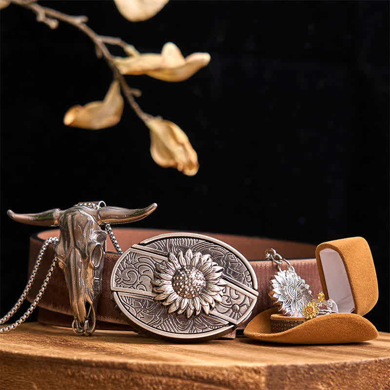 Conjunto de colgante de toro de cuernos largos con hebilla de cinturón y cuchillo oculto con temática de girasol
