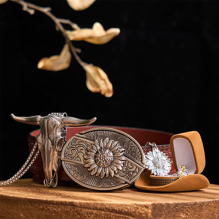 Conjunto de colgante de toro de cuernos largos con hebilla de cinturón y cuchillo oculto con temática de girasol