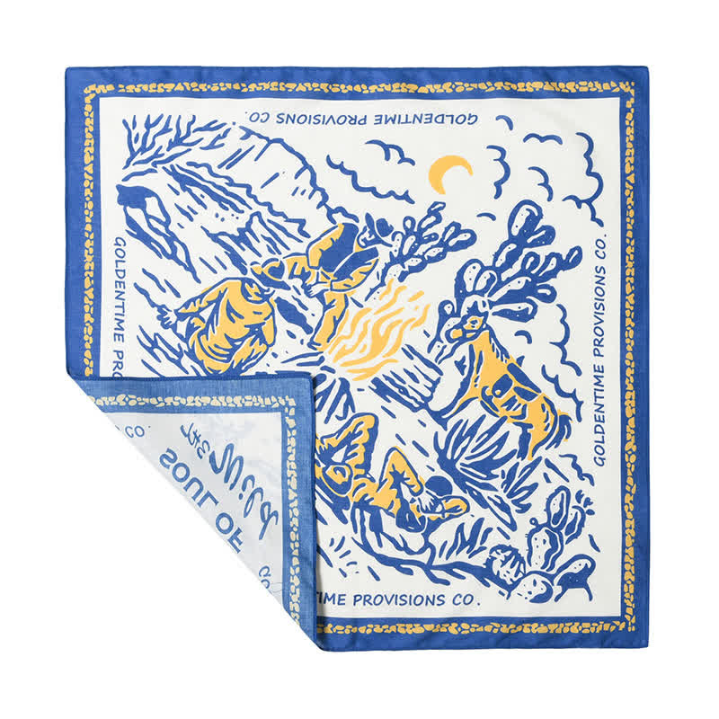 Bufanda cuadrada de vaquero en blanco y azul con diseño de fogata