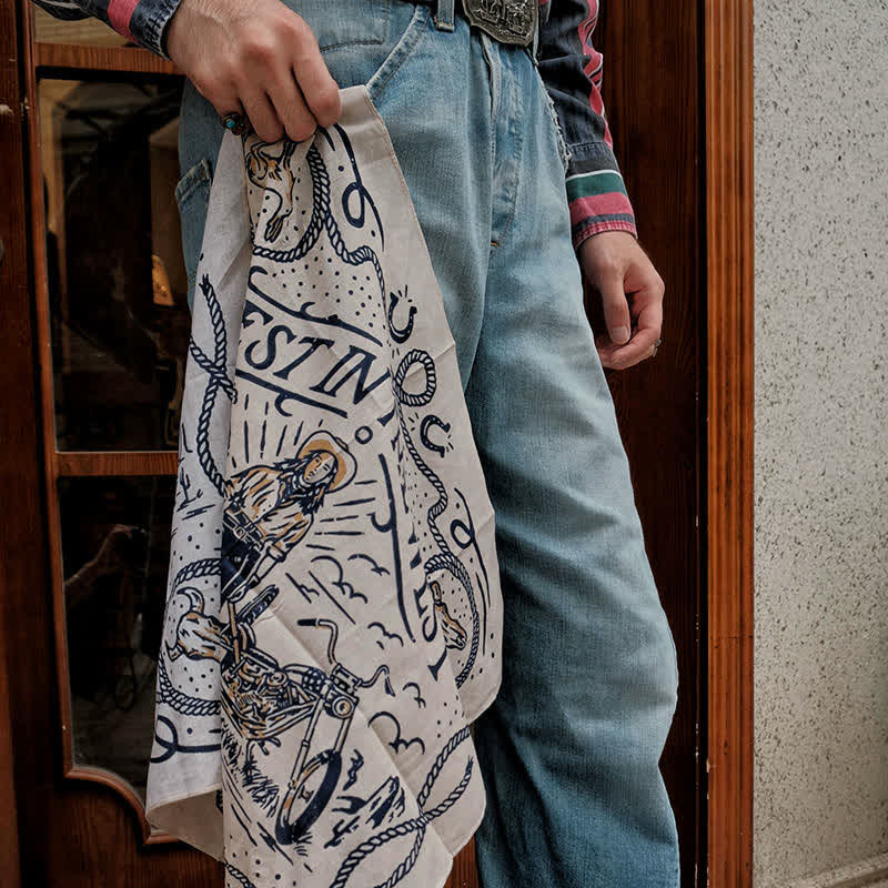 Bufanda cuadrada estilo motociclista retro con estampado de vela occidental