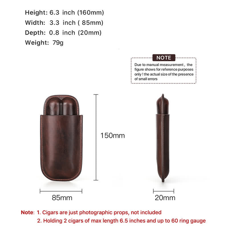 Estuche de cuero para humidor de puros portátil marrón (para dos puros)