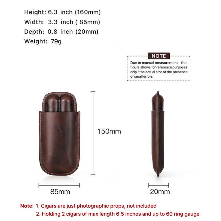 Estuche de cuero para humidor de puros portátil marrón (para dos puros)