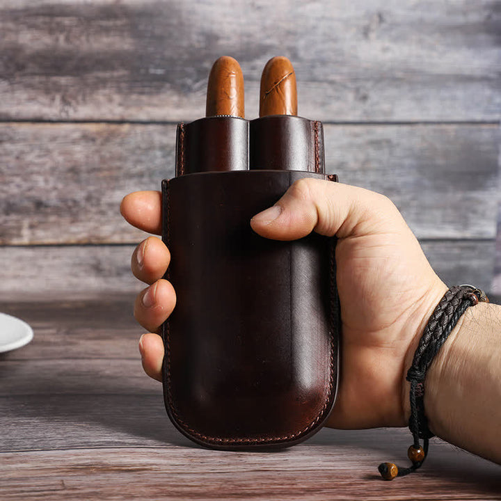 Estuche de cuero para humidor de puros portátil marrón (para dos puros)
