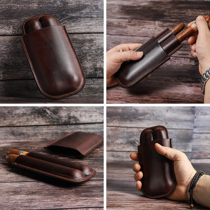 Estuche de cuero para humidor de puros portátil marrón (para dos puros)