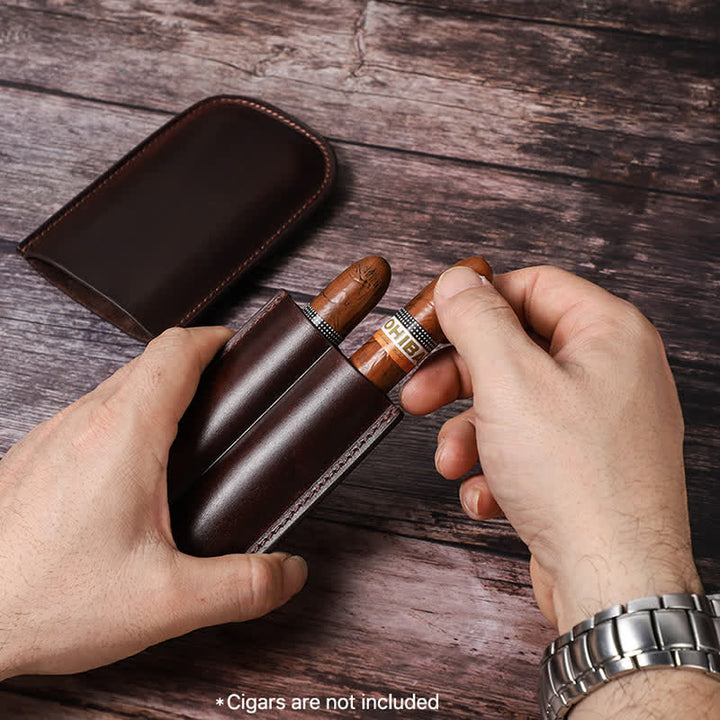 Estuche de cuero para humidor de puros portátil marrón (para dos puros)