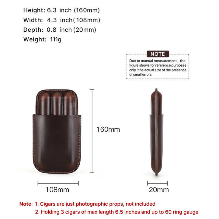 Estuche de cuero para humidor de puros portátil marrón (para tres puros)