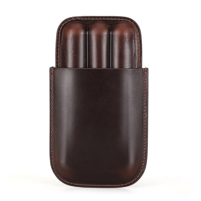 Estuche de cuero para humidor de puros portátil marrón (para tres puros)