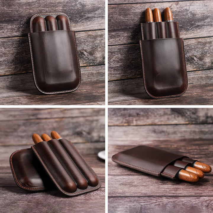 Estuche de cuero para humidor de puros portátil marrón (para tres puros)