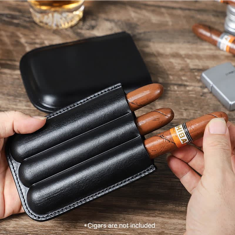 Estuche de cuero para humidor de puros portátil marrón (para tres puros)