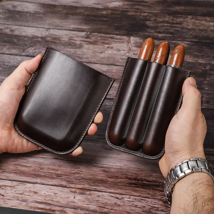 Estuche de cuero para humidor de puros portátil marrón (para tres puros)