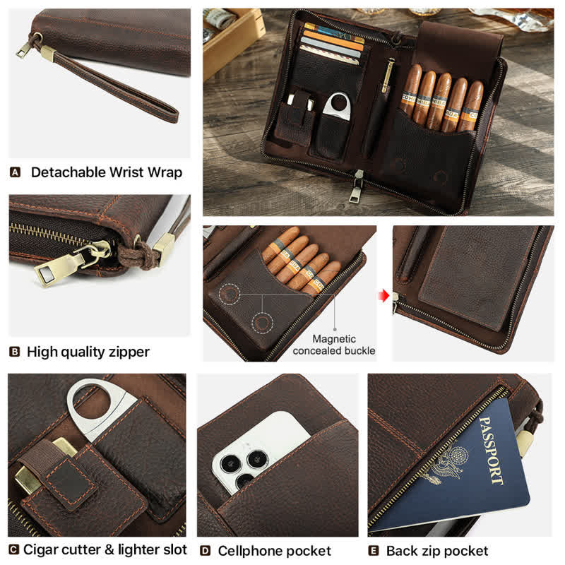 Estuche de viaje de cuero con cremallera de gran capacidad para puros (para cinco puros)