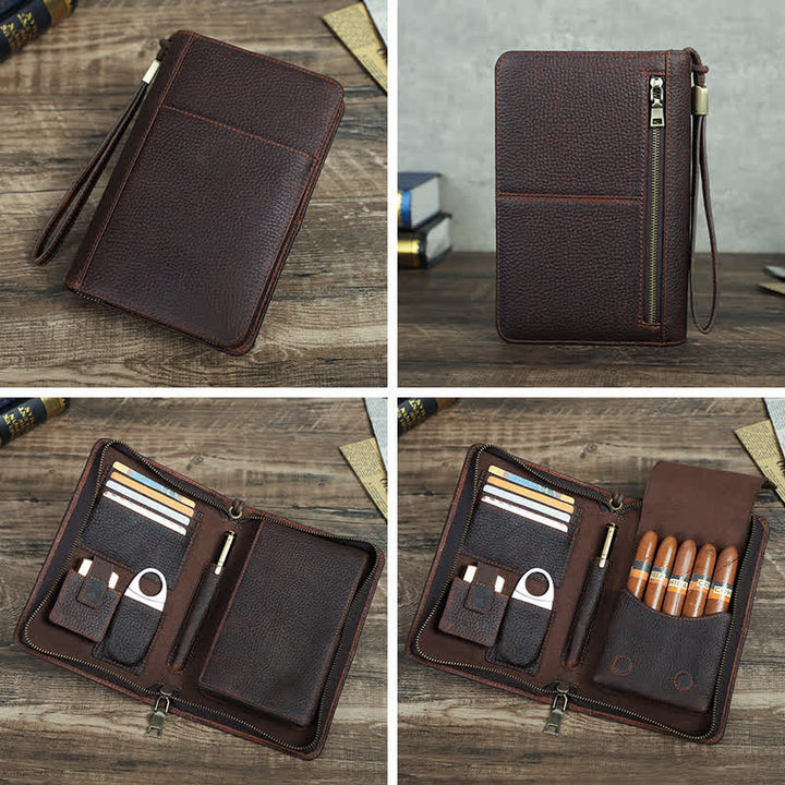 Estuche de viaje de cuero con cremallera de gran capacidad para puros (para cinco puros)
