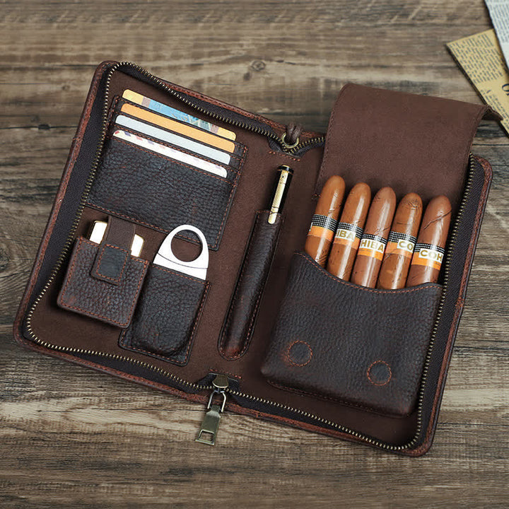 Estuche de viaje de cuero con cremallera de gran capacidad para puros (para cinco puros)