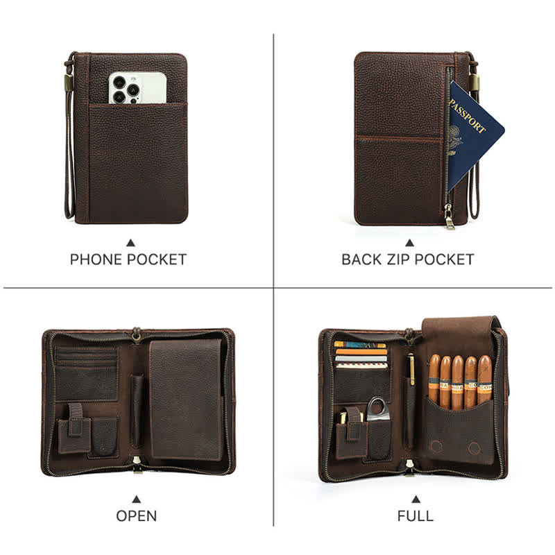 Estuche de viaje de cuero con cremallera de gran capacidad para puros (para cinco puros)