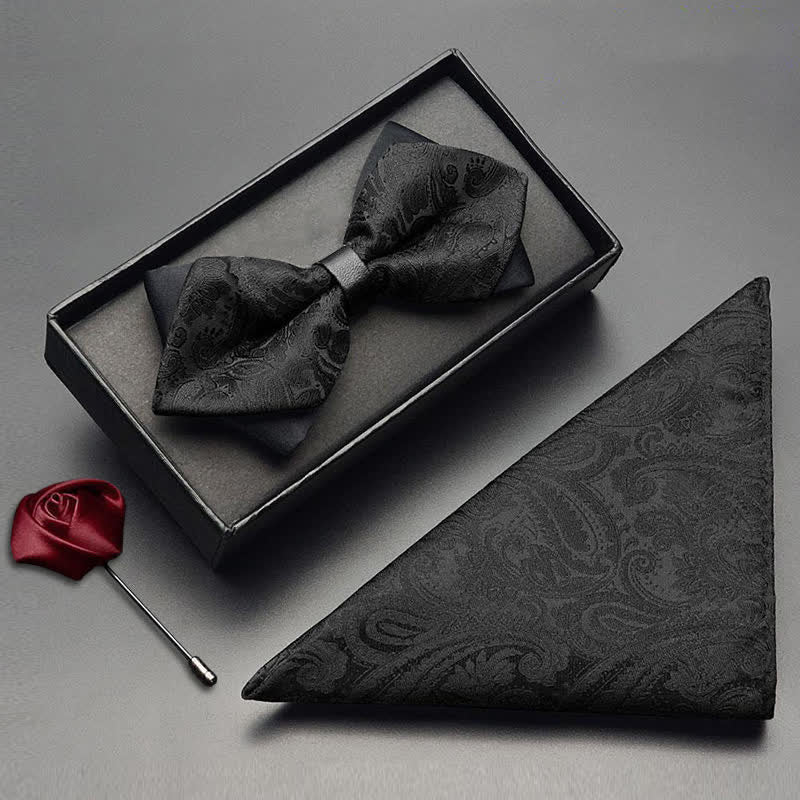 Conjunto de 3 pajaritas con bolsillo y estampado de cachemira negra para hombre