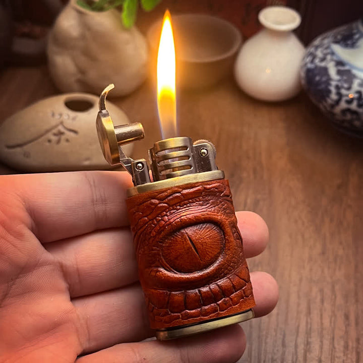 Encendedor de butano recargable con costura de cuero de ojo de dragón