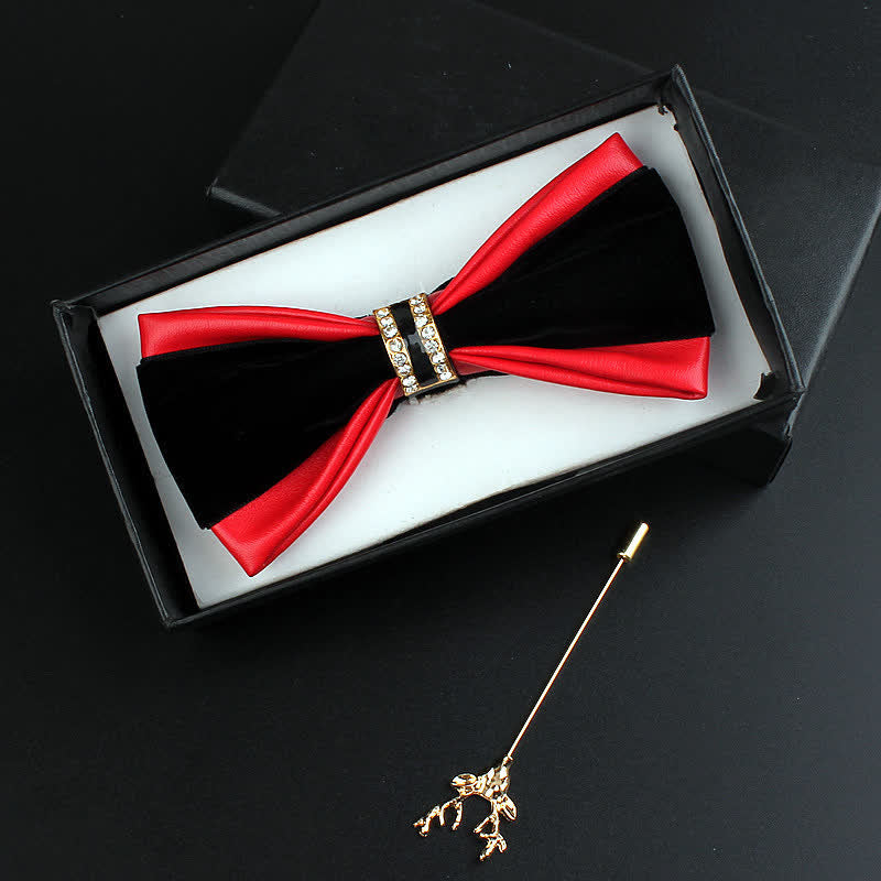 Juego de 2 pajaritas con alfiler de ciervo de cuero sintético con decoración de cristal para hombre