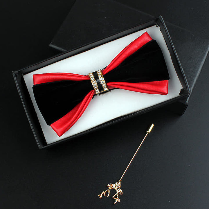 Juego de 2 pajaritas con alfiler de ciervo de cuero sintético con decoración de cristal para hombre
