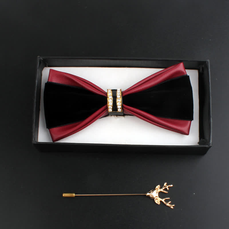 Juego de 2 pajaritas con alfiler de ciervo de cuero sintético con decoración de cristal para hombre